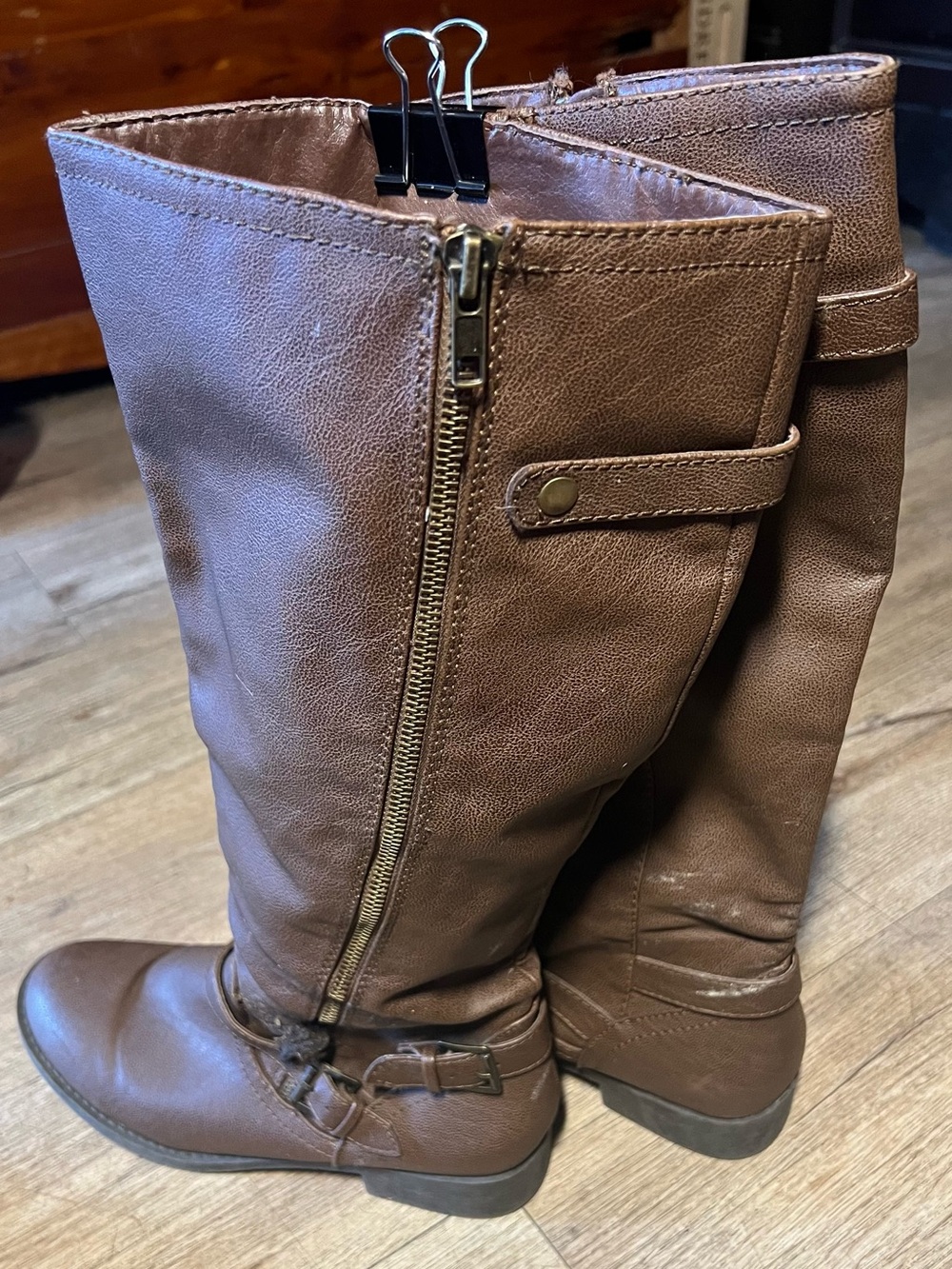 Women's Brown Leather-Look Heeled Riding Boots